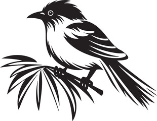 Serene Avian Symphony: Cute Tropical Bird on Branch Black Logo Vector Design Ethereal Plumage Majesty: Tropical Bird Perched on Branch Vector Black Logo Icon