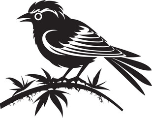 Obraz premium Tranquil Feathered Serenity: Tropical Bird Perched on Branch Vector Black Logo Icon Exotic Avian Elegance: Cute Tropical Bird on Branch Black Logo Vector Design