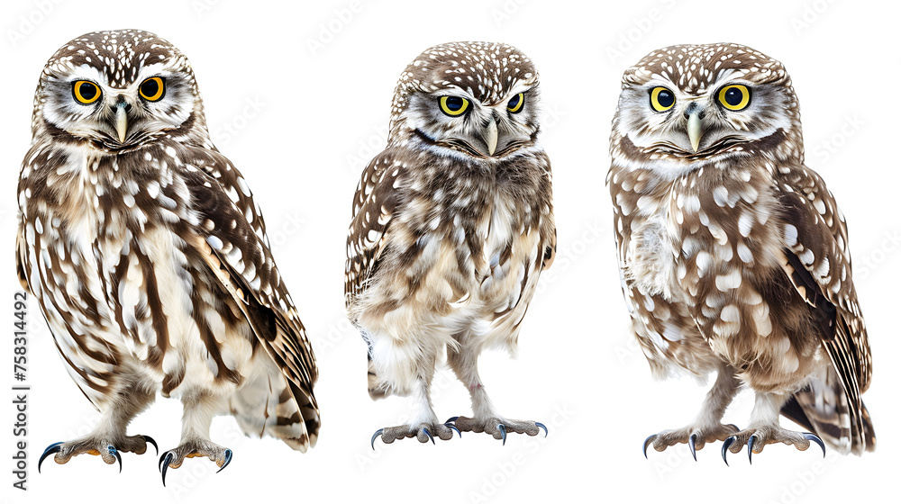 Wall mural little owl collection (standing, portrait, flying), animal bundle isolated on a white background as transparent PNG