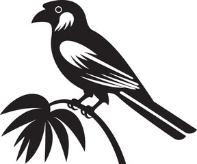 Serene Plumage Symphony: Tropical Bird on Branch Black Logo Vector Design Ethereal Avian Majesty: Cute Bird Perched on Branch Vector Black Logo Icon