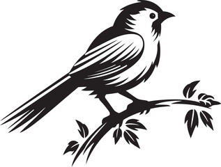 Radiant Feathered Elegance: Tropical Bird on Branch Black Logo Vector Design Tranquil Rainforest Majesty: Cute Bird Perched on Branch Vector Black Logo Icon