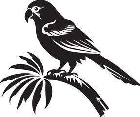"Enchanting Jungle Serenity: Cute Tropical Bird on Branch Black Logo" "Serene Feathered Harmony: Perched on Branch Black Logo Vector Design"