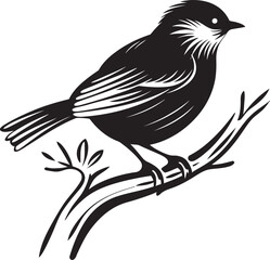 "Charming Plumage Delight: Cute Bird Perched on Branch Black Logo" "Enchanting Jungle Retreat: Perched Bird Vector Black Logo Design