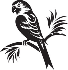 Vibrant Jungle Serenity: Perched Bird Vector Logo Icon Design Enchanting Rainforest Haven: Tropical Bird Black Logo Vector