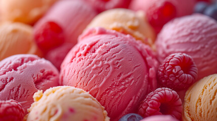 Delicious ice cream with fresh raspberries and blueberries.