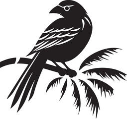 Whimsical Avian Charm: Tropical Bird Black Logo Vector Majestic Jungle Sanctuary: Perched Bird Vector Logo Icon Design