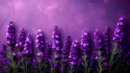 Lavender flowers on a purple background. Place for text.