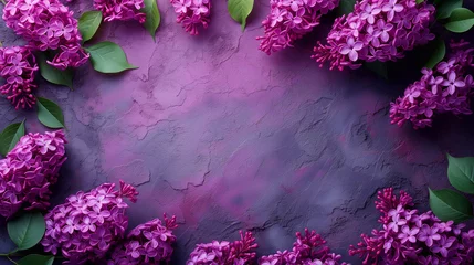 Gordijnen Frame of beautiful lilac flowers on grunge background, top view © Виктория Дутко