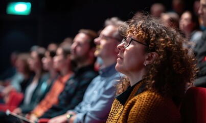 An audience listening to a lecture in a cinema - 758315073