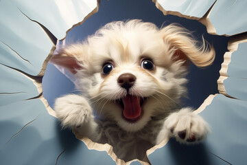 A small puppy with fluffy white fur peeking cheerfully through a hole in the wall, exuding innocence and curiosity. This adorable image captures the playful and endearing nature of young dogs - obrazy, fototapety, plakaty