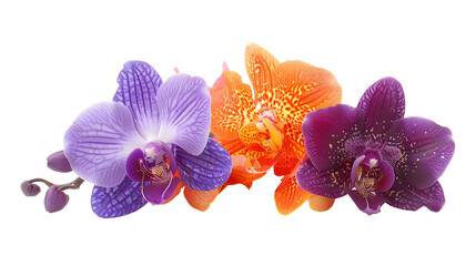 Orchid blossom collection, flower bundle in two colours (orange, violet) isolated on white...