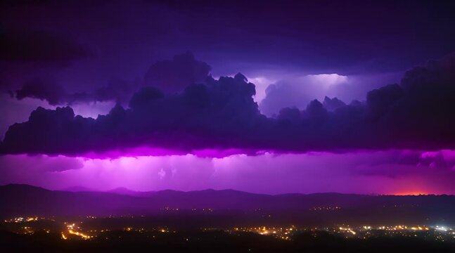 A vibrant photo captures lightning striking beneath purple storm clouds over a night landscape, illuminating a city below.