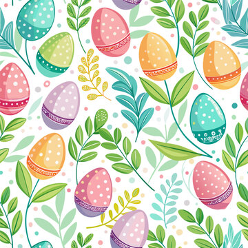 Trendy Easter design with hand painted eggs, leaves, herb, plant, strokes and dots, in pastel colors seamless pattern background