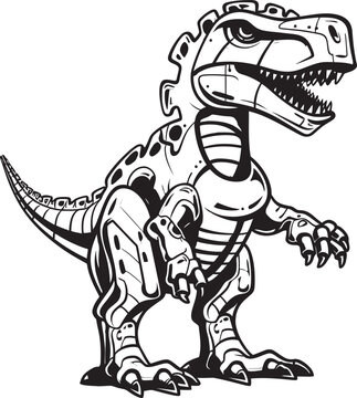 Cyber-Rex Symbol: Black Logo Icon Design Illustrating Robotic Dinosaur Evolution in Vector Mech-Saur Badge: Vector Black Logo Icon Design Depicting Robotic Dinosaur Innovation