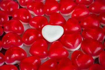 Jelly candy. Red and pink candy hearts background. Valentines day, love concept.