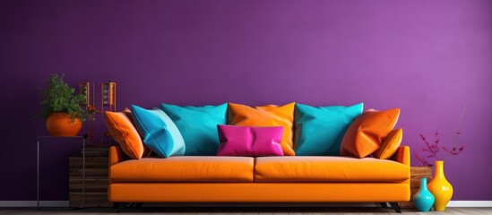 Stylish couch with cushions by colorful wall in a living space.