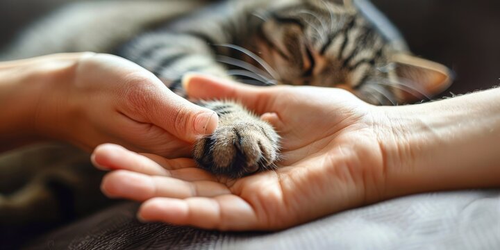 Tranquil Trust: A Contented Cat Sleeps Peacefully in the Comfort of a Loving Hand, Symbolizing the Bond of Aff, Generative AI