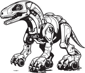 Cybernetic Dino Symbol: Black Logo Icon Design Featuring Robotic Reptile in Vector Mech-Saurus Badge: Vector Black Logo Icon Design for Robotics Companies
