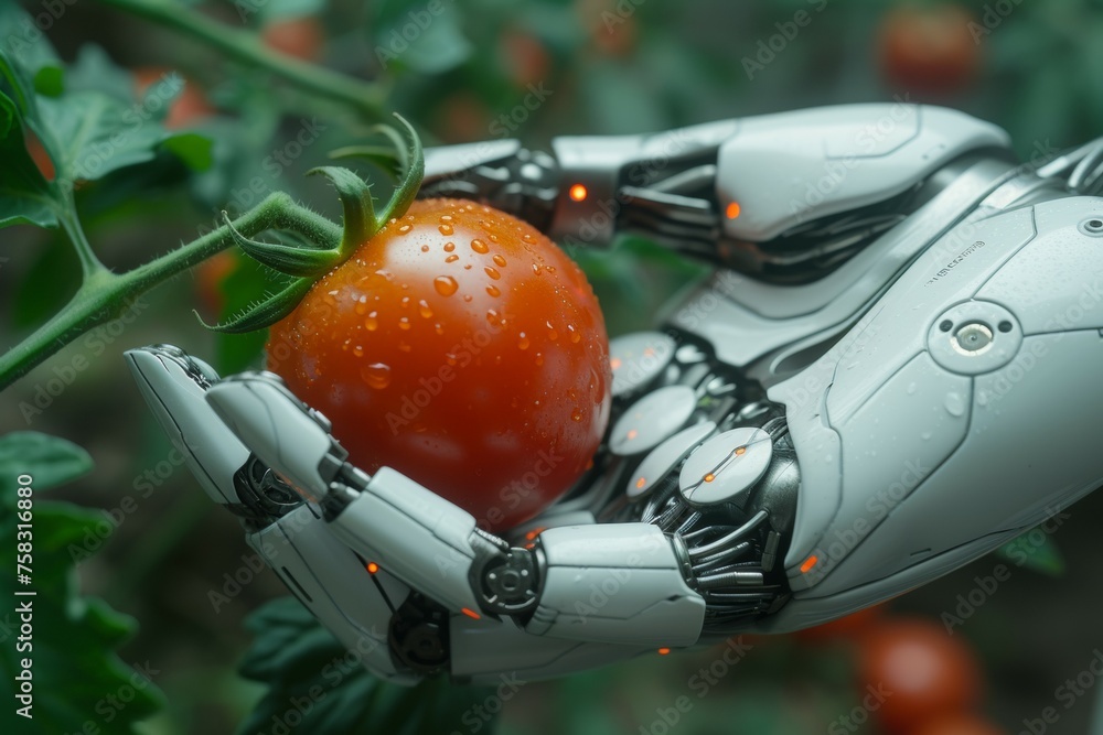 Poster a robot hand works on a modern farm. backdrop with selective focus and copy space