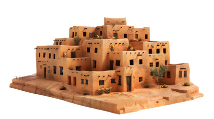 Pueblo-style adobe house, reflecting the traditional architecture of Native American communities in the Southwestern United States. Multi-story house made of adobe bricks, with flat roofs 