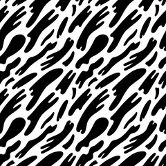 Elongated black paint stains diagonally organized on white backdrop in seamless pattern. Appealing surface art with splashes of black paint for printing or use in graphic design projects.