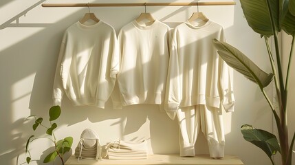 Simplistic Elegance in Fashion with Hanging White Garments and Greenery - Generative AI