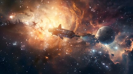 Obraz na płótnie Canvas Intergalactic Odyssey: Spaceship Soaring Through a Stellar Nebula - Generative AI