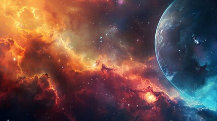 Cosmic Marvel: A Distant Planet Against a Fiery Nebula Backdrop - Generative AI