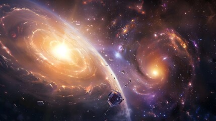Majestic Spiral Galaxies Colliding in Deep Space - Generative AI - obrazy, fototapety, plakaty
