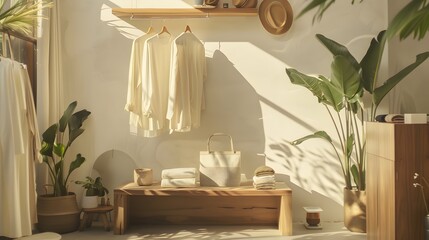 Sunlit Minimalist Bathroom with Wooden Accents and Plants - Generative AI