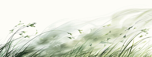 Graceful dance of grass and green plants bending in the wind, a symphony of natural movement, on white background.