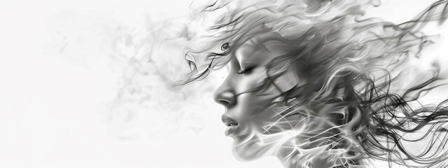 Abstract artistic image of beautiful woman with wind in her hair. White background, copy sapce. - 758317425