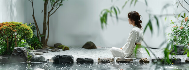 Sparse image of a Japanese woman enjoying the serenity of a zen garden with flowing water. - 758317426