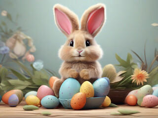 Cute fluffy Easter Bunny with many colorful easter egg