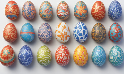 Lots of colourful painted Easter eggs decorated with colourful paintings. Handmade style.