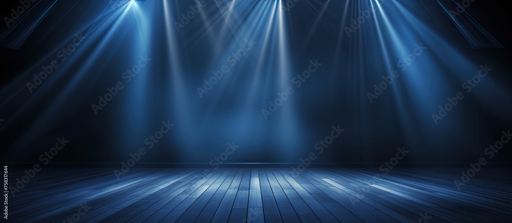 Poster an art event in a dark room with electric blue lights creating a symmetrical pattern on the floor, r