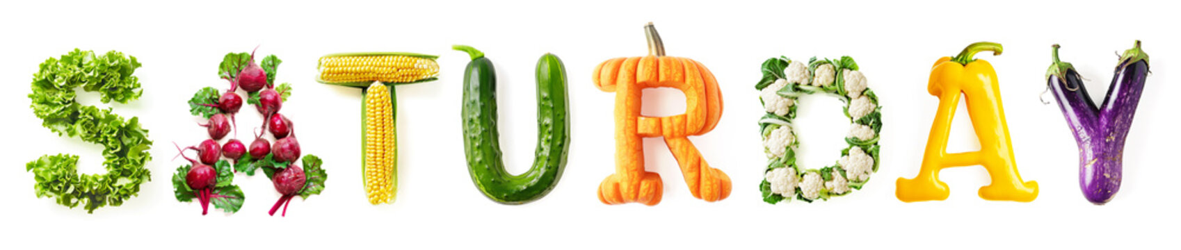 Vegetable Word Saturday (Made of Lettuce, Beetroot, Corn, Cucumber, Pumpkin, Couliflower, Yellow Pepper, Aubergine ) Isolated on White Background