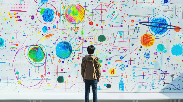 Young man stands in front of a vibrant abstract wall mural, seemingly engrossed in the artwork