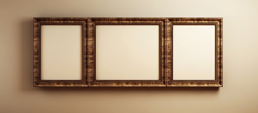 Three brown rectangle picture frames made of hardwood are hanging symmetrically on a wood fixture shelf. The frames have tints and shades from the wood stain, creating a pattern