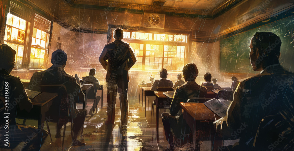 Poster a man is standing at the front of a classroom, facing a group of attentive students. he appears to b