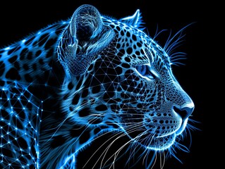 A close-up of a leopard's muzzle in a grid style. Polygonal computerized image of a wild cat. Facial recognition grid on a live object. Illustration for cover, card, poster, brochure or presentation.