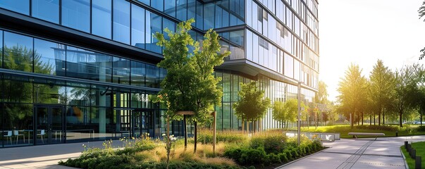 modern building architectural design with a small garden next to the building