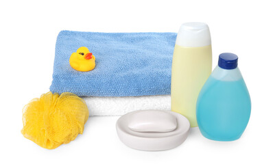 Baby cosmetic products, bath duck, sponge and towels isolated on white