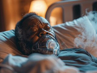 Uomo africano di mezza età che indossa una maschera di ossigeno che dorme nel letto dell'ospedale , riprendendosi dopo la malattia in reparto ospedaliero, - obrazy, fototapety, plakaty