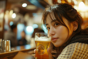 ビールを飲む日本人女性 - obrazy, fototapety, plakaty
