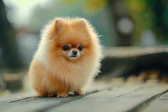A fluffy orange Pomeranian dog standing on a wooden surface outdoors, looking adorable with its big, soulful eyes and vibrant fur.