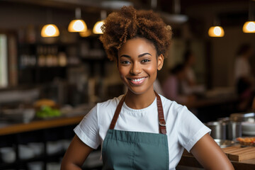 Female portrait. Restaurant chef in green apron. Young beautiful curly black woman looks at camera on blurred background of pastry shop, canteen. Waiter in hall of cafe. Concept of catering service - obrazy, fototapety, plakaty