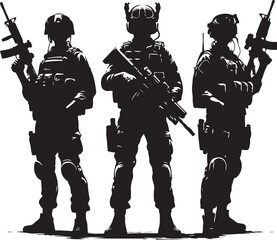 Silhouettes of American soldiers with guns and backpacks