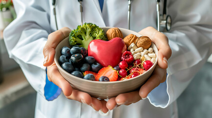 Doctor holding a bowl of heart-friendly products