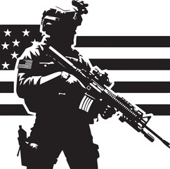 Silhouettes of American soldiers with guns and backpacks